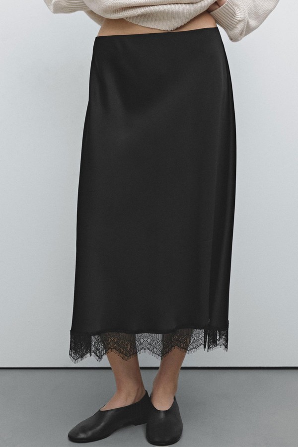 Satin Midi Skirt With Lace Detail from Massimo Dutti