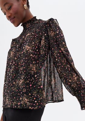 Black Ditsy Floral Chiffon High Neck Puff Sleeve Blouse