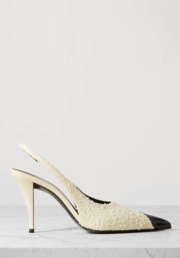 Vesper Patent Leather-Trimmed Bouclé Slingback Pumps from Saint Laurent