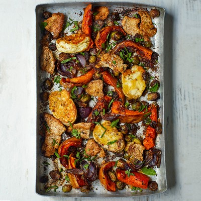 Cinnamon & Cumin Roasted Winter Vegetables With Baked Halloumi