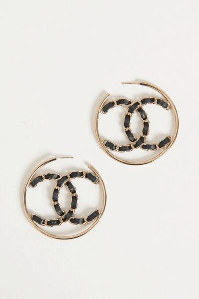 2019 Gold Brass & Black Leather Matelassé Hoop Earrings from Chanel