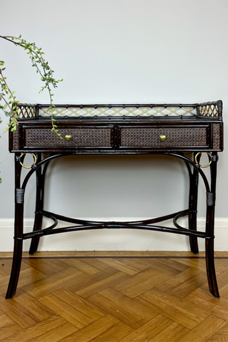 Vintage Bamboo/Rattan Cane Dark Brown Desk With Glass Top from Geo & Flora