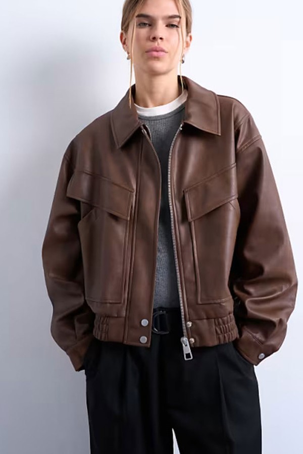Faux Leather Boxy Zip Through Pocket Bomber Jacket from Topshop