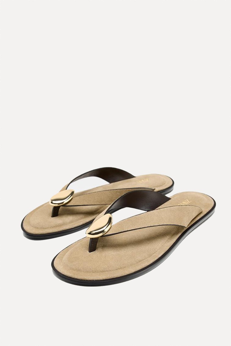 Flat Split Suede Sandals With Metal Embellishment