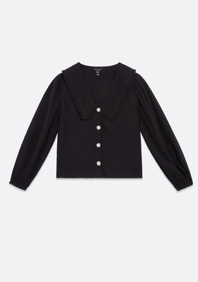 Black Poplin Faux Pearl Button Frill from New Look