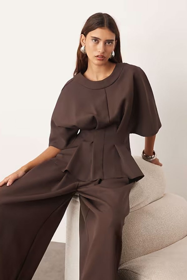 Pleat Waist Short Sleeve Top & Tailored Wide Leg Trousers