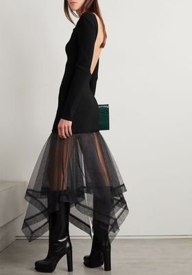 Open-Back Tulle and Ribbed-Knit Midi Dress from Alexander McQueen