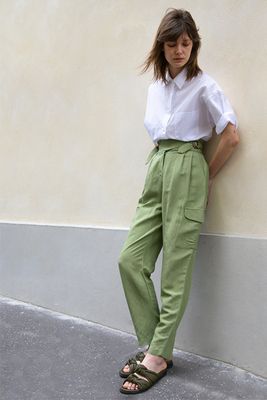 Bright Olive Green Cargo Pants With Wooden Tabs from Frankie Shop