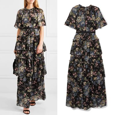 Tiered Floral Print Fil Coupé Chiffon Gown from Needle & Thread