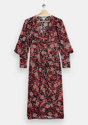 Ruched Front Floral Print Midi Dress