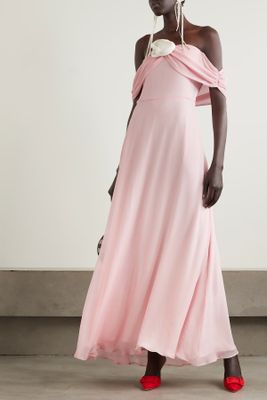 Blair Off-The-Shoulder Appliquéd Silk-Georgette Maxi Dress from BERNADETTE