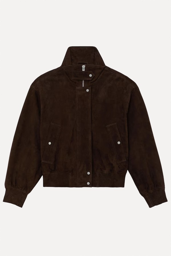 Suede Funnel-Neck Bomber Jacket