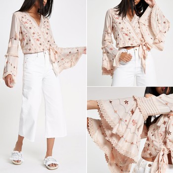 Pink Embroidered Frill Wrap Crop Top