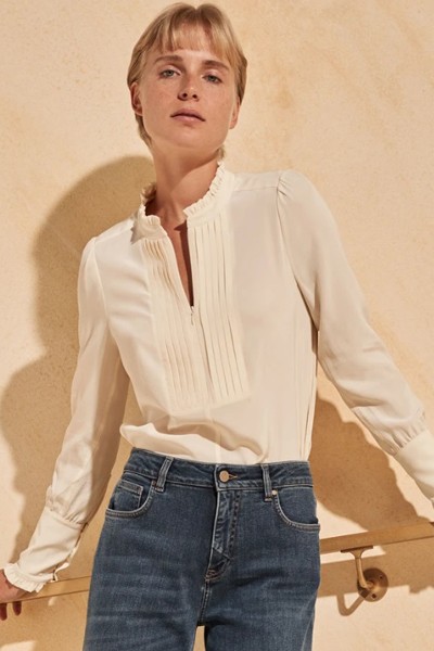 Zip Front Frill Silk Blouse from Me + Em