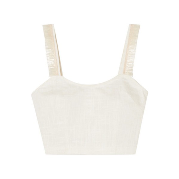 Coco Cropped Raffia-Trimmed Linen-Blend Top
