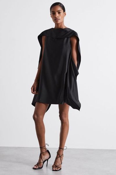 Atelier Asymmetric Satin Cape-Sleeve Mini Dress