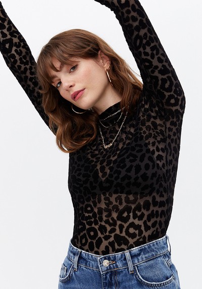 Black Flocked Leopard Print Mesh Long Sleeve Top