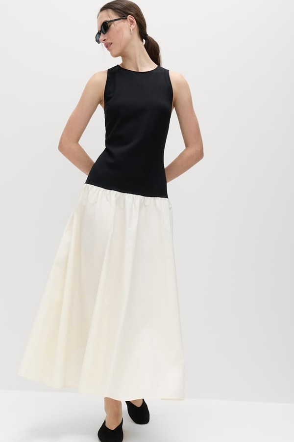 Cotton Blend Contrast Midi Drop Waist Dress