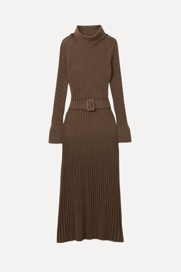 Vinette Ribbed Funnel Neck Belted Midi Dress from Reiss