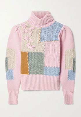 Allan Appliquéd Patchwork Knitted Turtleneck Sweater from LoveShackFancy