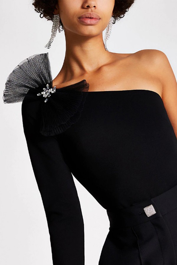 One Shoulder Bow Embellished Bodysuit from River Island