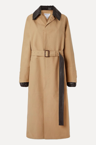 Belted Leather-Trimmed Cotton-Garbardine Trench Coat from Bottega Veneta