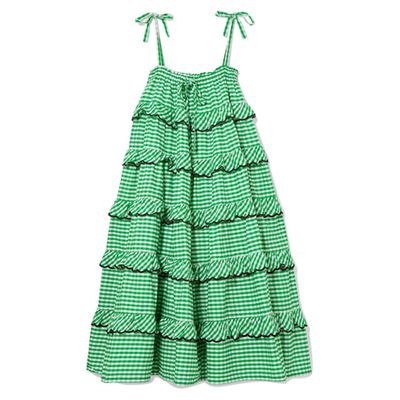 Tiered Embroidered Gingham Cotton Midi Dress
