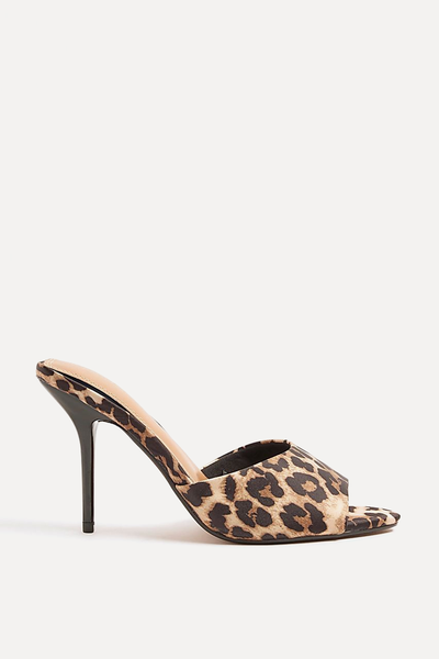 Satin Leopard Print Heeled Mule Sandals from River Island