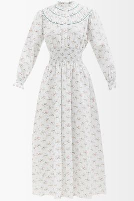 Zaira Hand-Smocked Floral Print Poplin Maxi Dress from Loretta Caponi