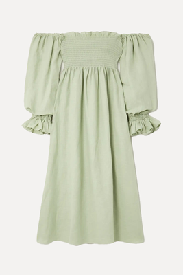 Atlanta Off-The-Shoulder Shirred Organic Linen Midi Dress  from Sleeper