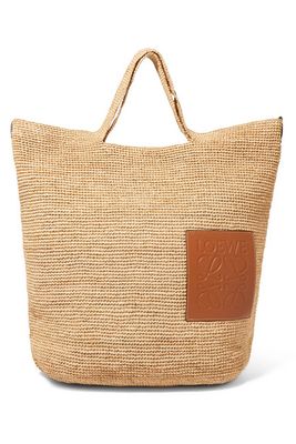 Slit Leather-Trimmed Woven Raffia Tote from Loewe