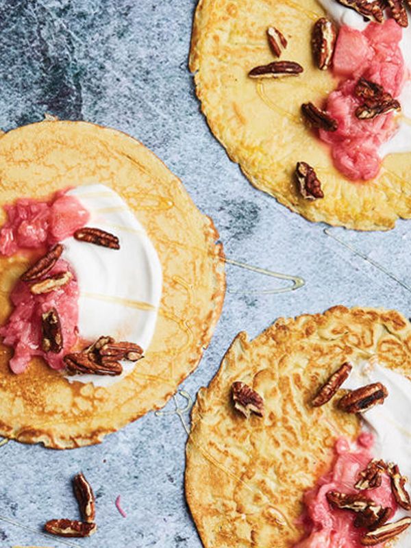 Crepes With Coconut Yoghurt, Rhubarb & Orange Compote & Toasted Pecans