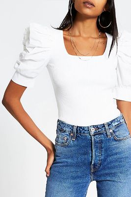 Poplin Puff Sleeve Square Neck Top from River Island