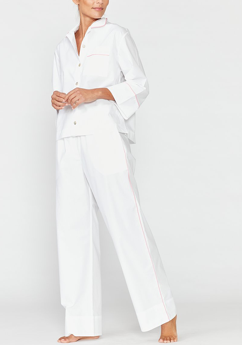 Cleo White Cotton Pyjama Set - Pink Piping from Hesper Fox