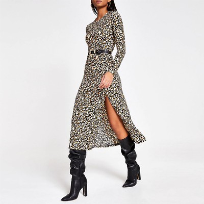 Beige Leopard Print A Line Midi Dress