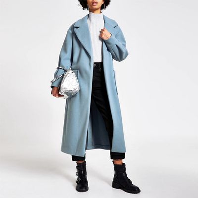 Blue Balloon Sleeve Tie Belted Longline Coat