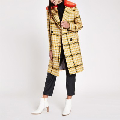 Yellow Check Faux Fur Collar Coat