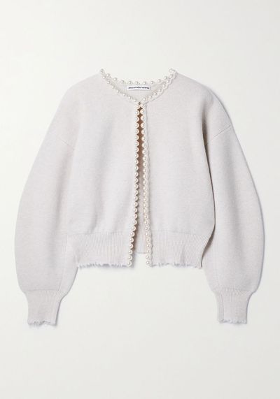 Faux Pearl-Embellished Distressed Wool-Blend Cardigan from Alexander Wang