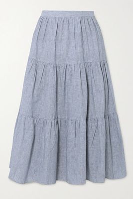 Tiered Striped Linen & Cotton-Blend Midi Skirt from Michael Kors