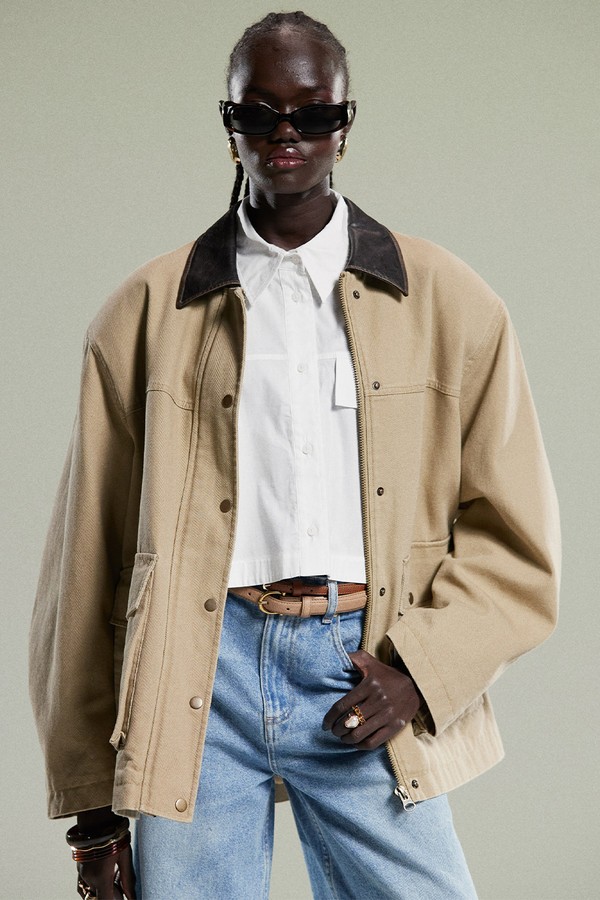 Oversized Washed Barn Jacket With Leather Look Collar from ASOS DESIGN