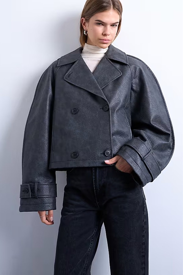 Faux Leather Ovoid Sleeve Short Trench 
