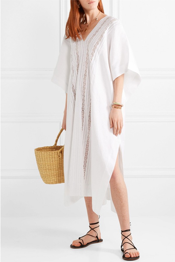 Brea Oversized Crochet-Trimmed Linen Kaftan from Miguelina