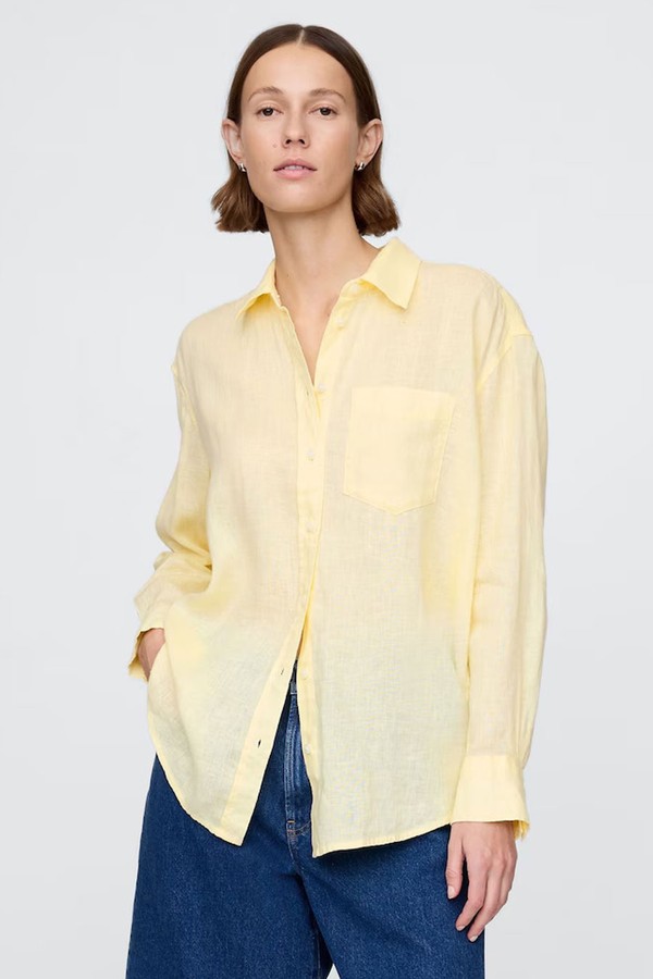 100% Linen Button Down Long Sleeve Oversized Shirt from GAp