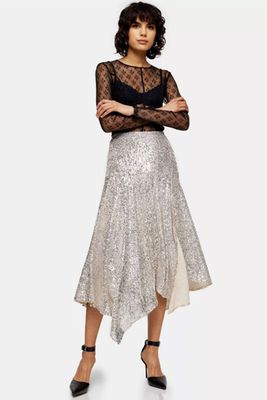 Silver Asymmetric Sequin Midi Skirt
