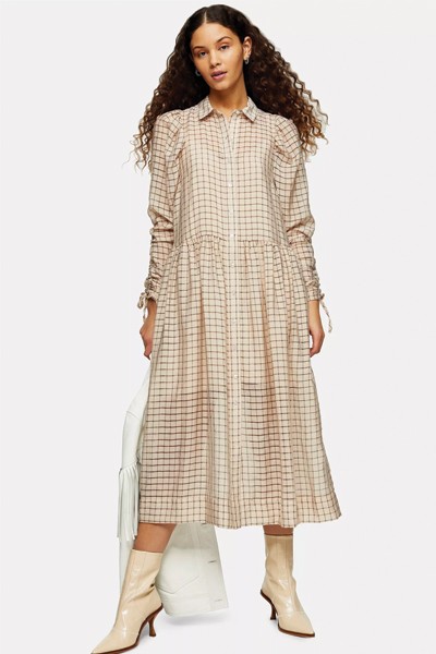 Ecru Check Organza Shirt Dress