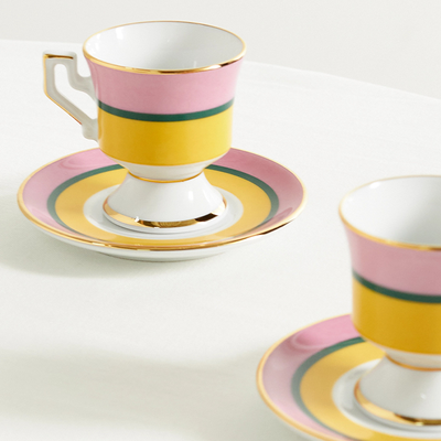 Set Of Two Gold Plated Porcelain Espresso Cups & Saucers from La DoubleJ