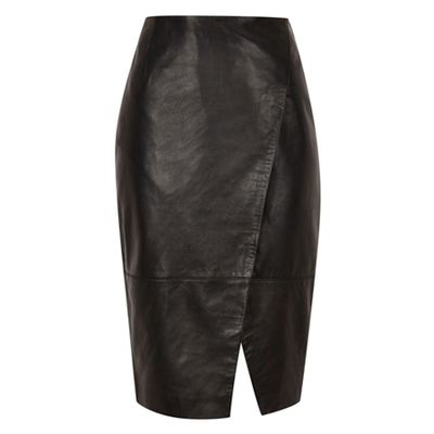 Black Leather Wrap Pencil Skirt