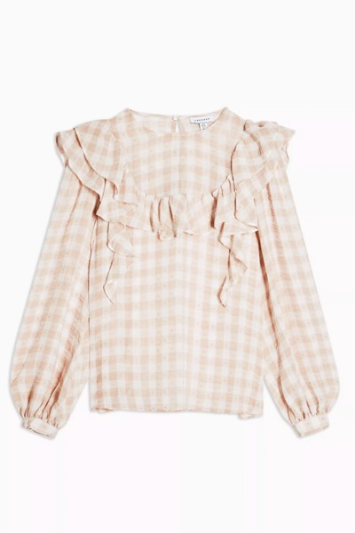 Beige Gingham Check Yoke Dobby Top