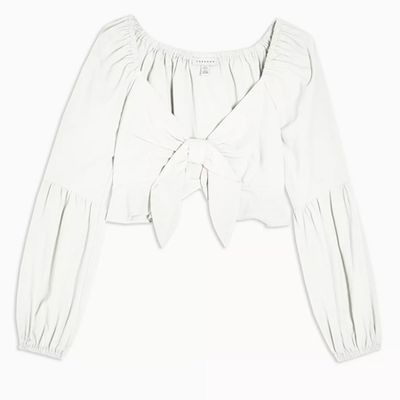 Ivory Textured Knot Front Frill Blouse