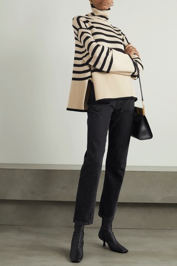 Beige Striped & Cotton-Blend Turtleneck Sweater from Totême